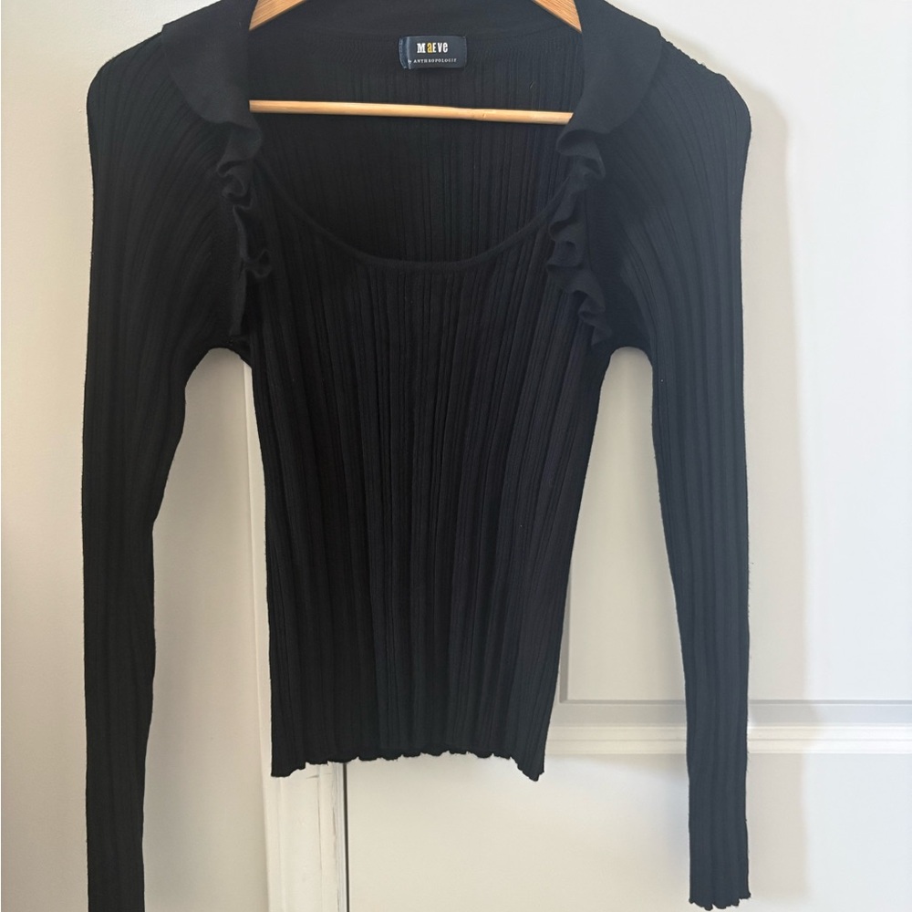 Anthropologie Maeve  Black Ribbed Long-Sleeve Scoop Neck Top with Ruffle Trim M